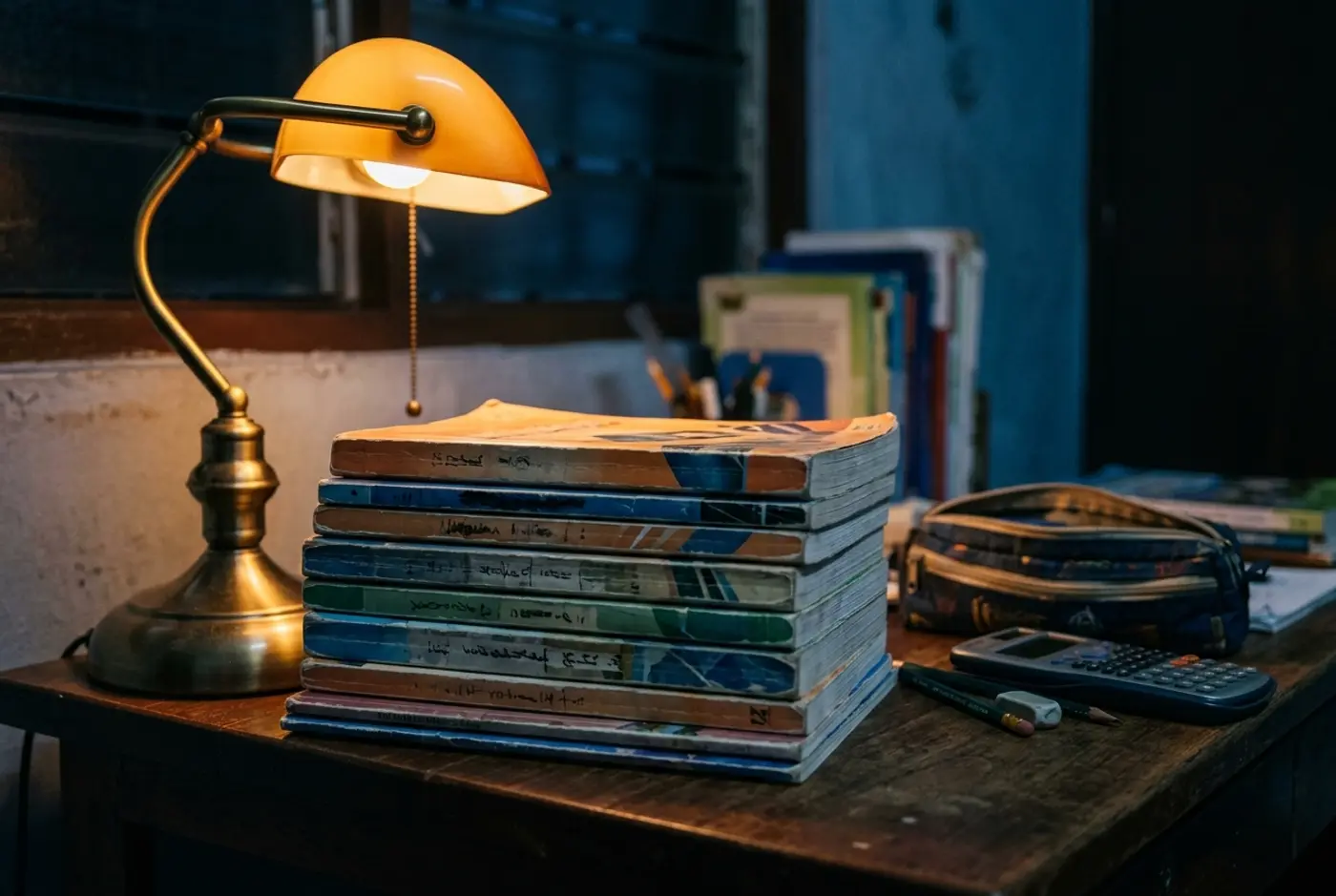 Timbunan buku teks dan buku latihan sekolah di bawah lampu meja tembaga pada waktu malam