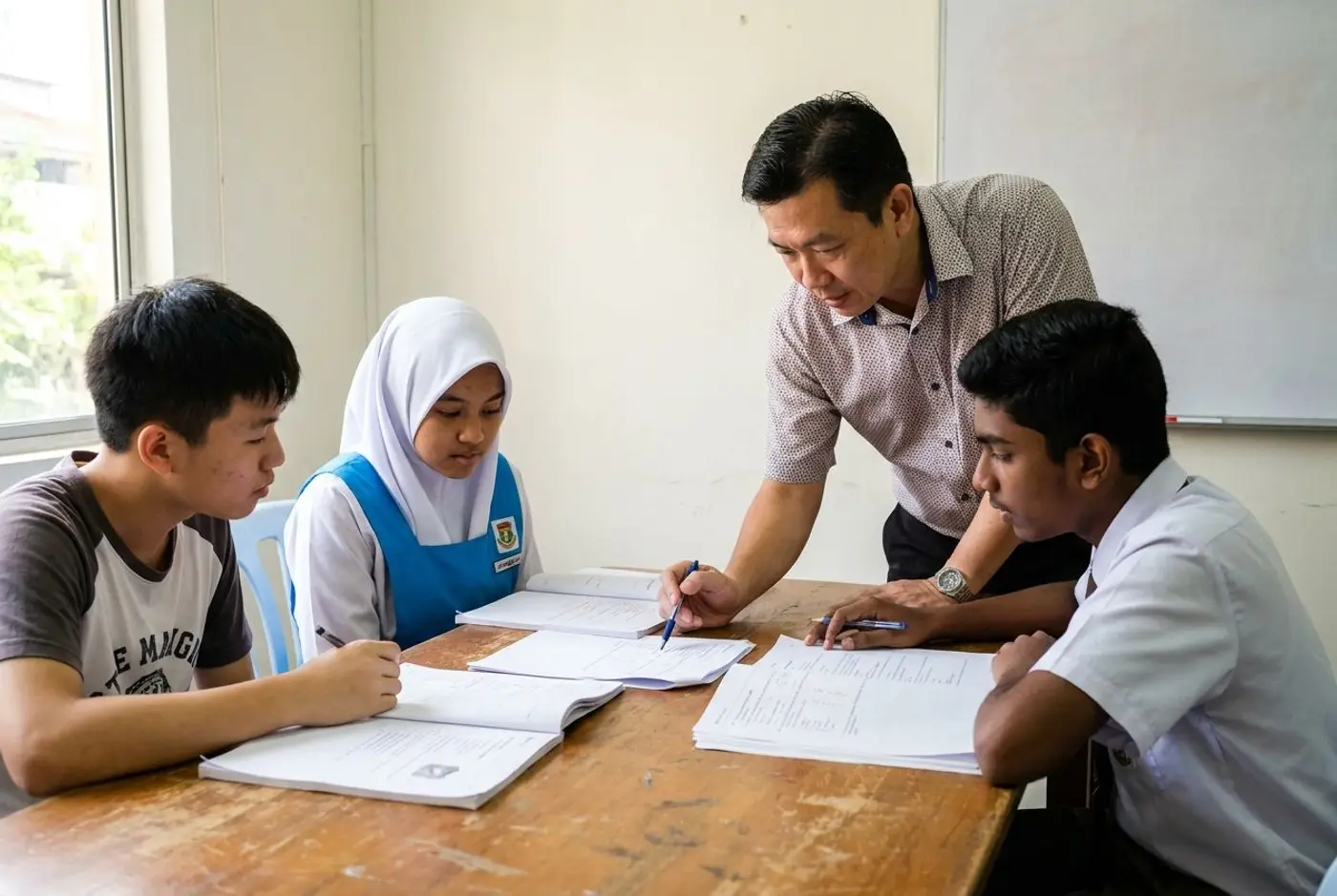Guru menerangkan kertas soalan tahun lepas kepada tiga pelajar sekolah menengah di sebuah meja