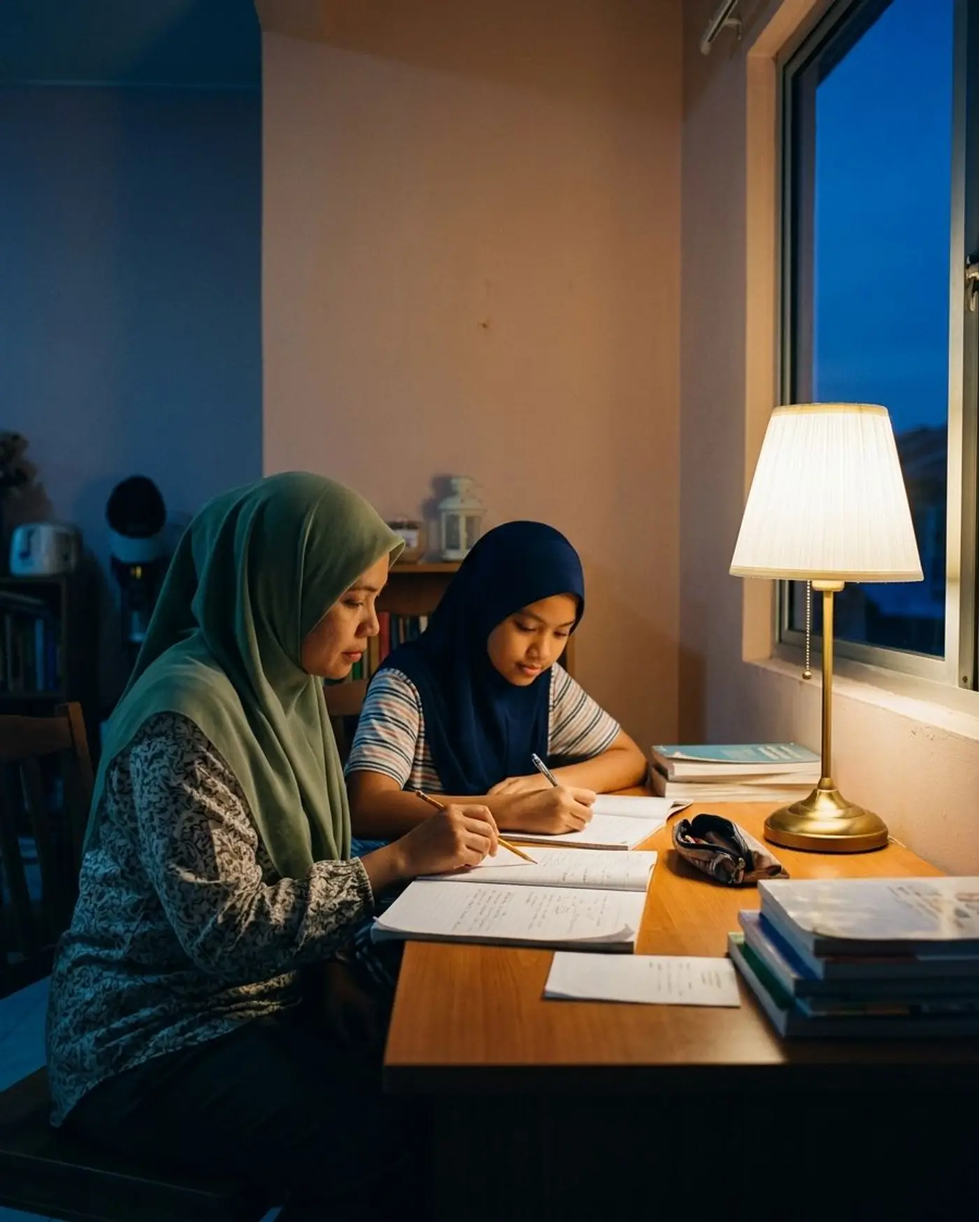 Seorang guru bertudung menunjuk jalan kira matematik dalam buku latihan sementara murid perempuan bertudung biru gelap mengikut di bawah lampu meja
